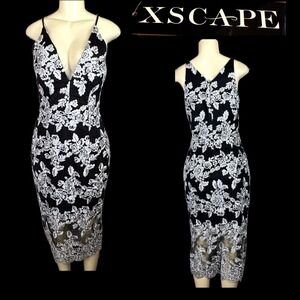 Xscape Women's Black Silver Floral Embroidered Midi V-Neckline Cocktail Dress 8